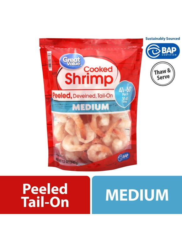 Great Value Frozen Cooked Medium Peeled & Deveined Tail-on Shrimp, 12 oz Bag (41-60 Count per lb)