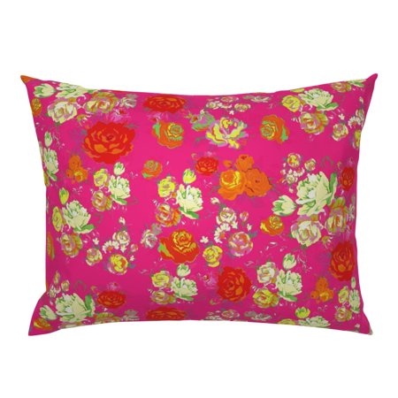Hot Pink Pink Floral Pink And Orange Pink Roses Vintage Pillow Sham by Roostery