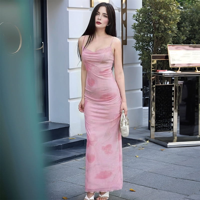 Women'S Floral Ruched Bodycon Midi Dress Mesh Fishtail Summer Wedding Guest Cocktail Going Out Dresses 2025 Pink L