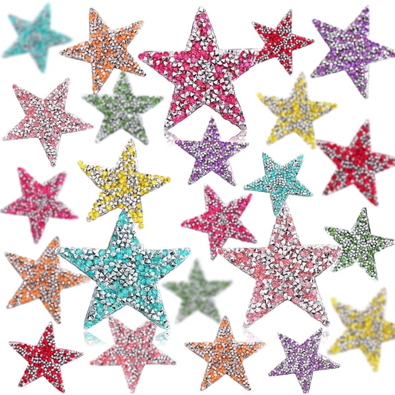24pcs Star Patches Iron On, Star Shape Rhinestone Appliques Patch DIY Accessory for Clothing Jeans Bags Hats Repair Decorations