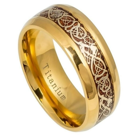 Yellow Gold-Tone Titanium Rosewood Celtic Dragon Center Ring Size 7.5