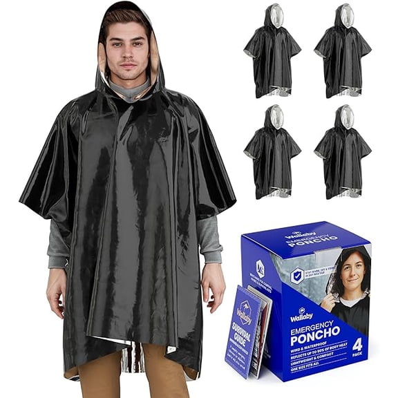 Wallaby 4-Pack Emergency Mylar Ponchos – Universal Fit Thermal Poncho with 90%+ Heat Retention, Lightweight Rain, Cold, Heat, Emergency Protection (Matte Black)