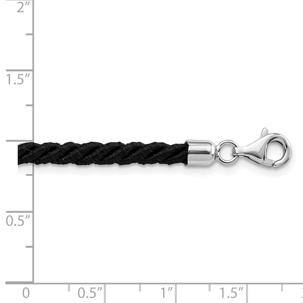 925 Sterling Silver Cord & Leather Chain Necklace Rhodium-plated 16 inch Black Satin 4 mm