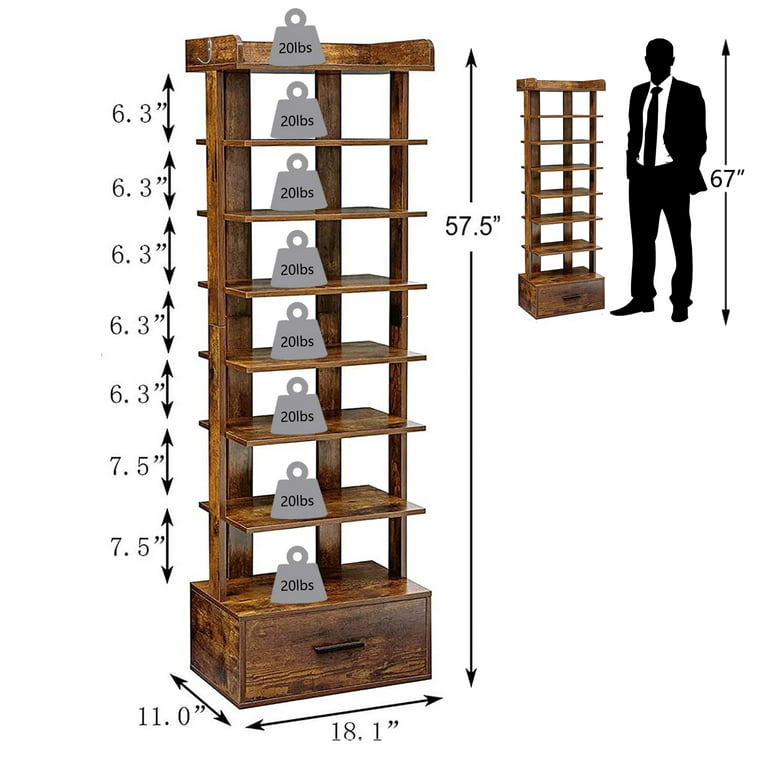 USIKEY Large Vertical Shoe Rack, 8 Tiers Wooden Shoes Racks with Bottom  Drawer & Top Storage, for Entryway, Hallway, Rustic Brown 