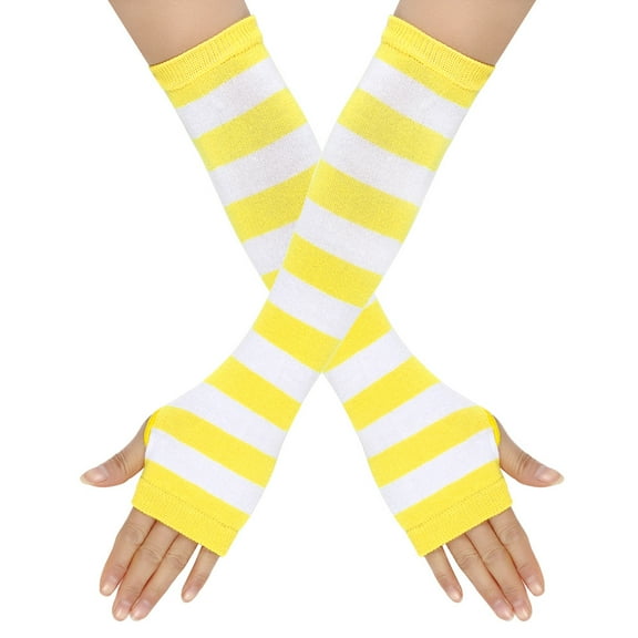 Nvzi-a Women Striped Long Fingerless Gloves, Winter Knitted Arm Warmers For Punk Rock/Cosplay/Goth/Christmas Party -White Yellow
