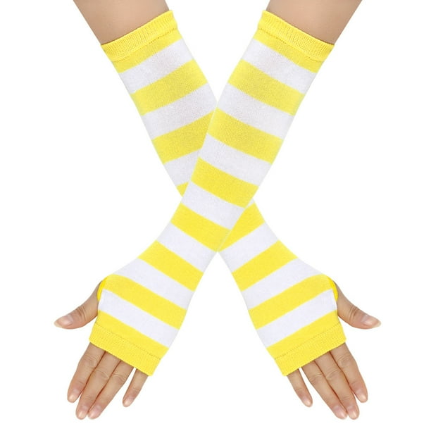 Zhuge Guantes largos sin dedos a rayas para mujer, calentadores de brazos tejidos de invierno para punk rock, cosplay, gótico y fiesta de Navidad, blanco y amarillo