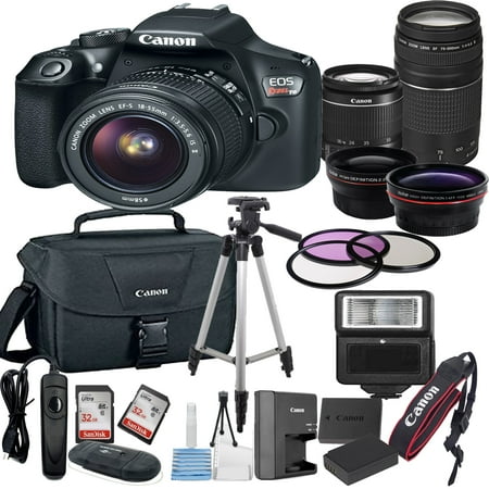 - Canon EOS Rebel T6 Digital SLR Camera w/ EF-S 18-55mm + 75-300mm Telephoto Zoom Lens Bundle includes Camera, Lenses, Filters, Bag, Memory Cards, Tripod, Flash, Remote Shutter , Cleaning Kit, Replacem