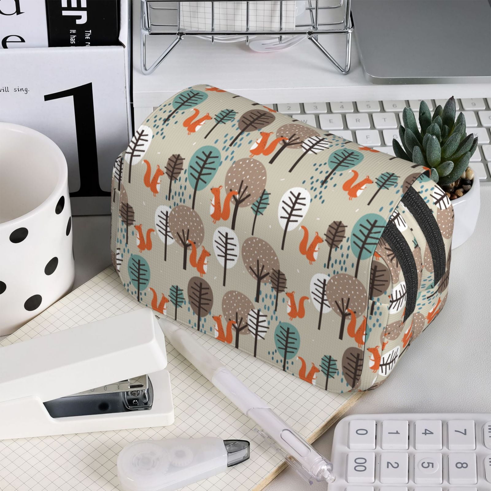 Rateoe Squirrels and Trees Pattern Double Clamshell Pen Case, Storage Organizer with Two Zipper Compartments– Holds Up to 50 Pencils & Pens