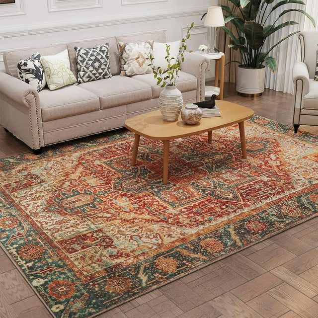 TECHMILLY 5x7 Area Rugs, Machine Washable Rugs Vintage Design, Traditional Non Slip Rugs for Living Room, Bedroom,Rust