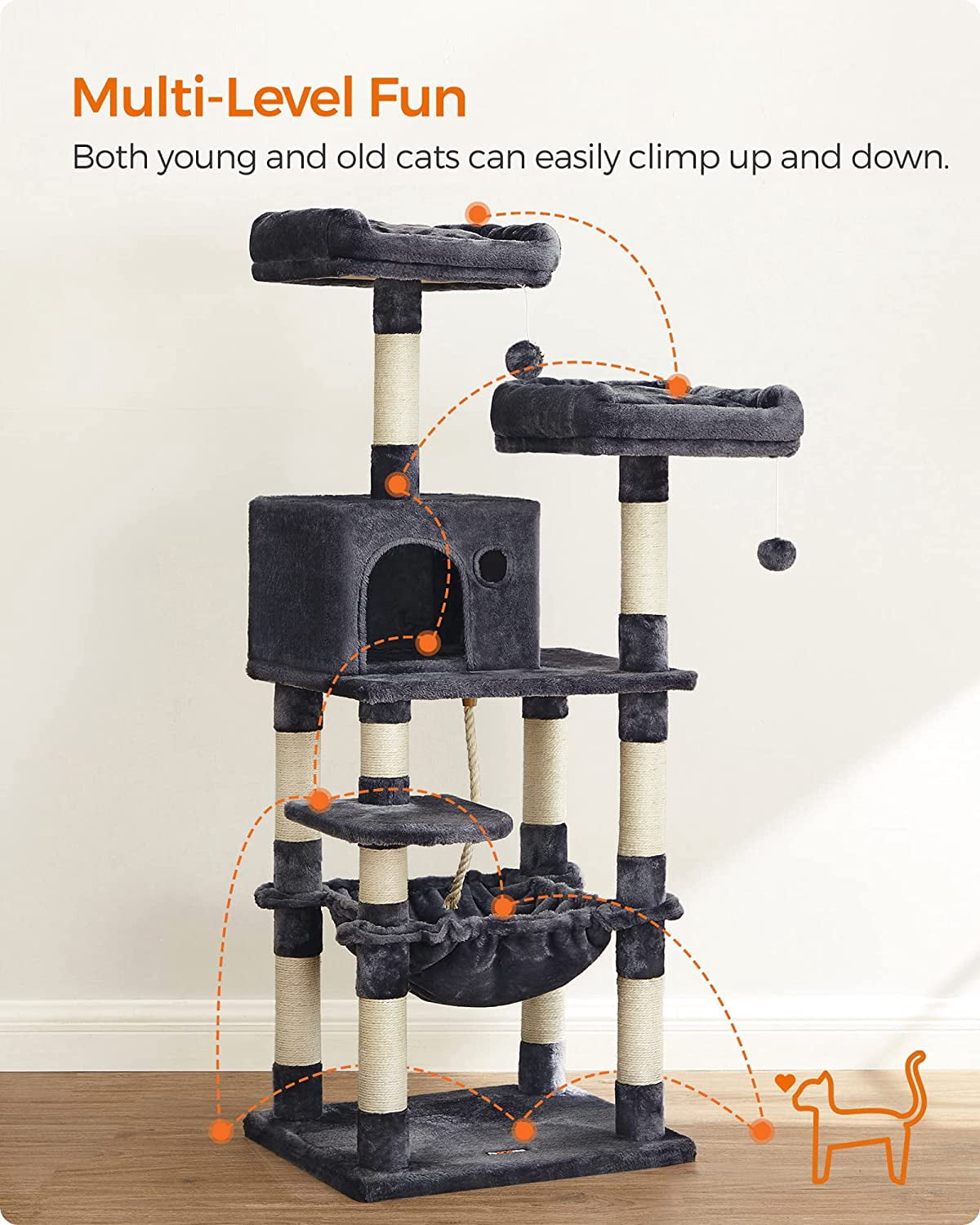 2-Level 56.3" Cat Tree with Scratching Posts & Hammock, Smoky Gray