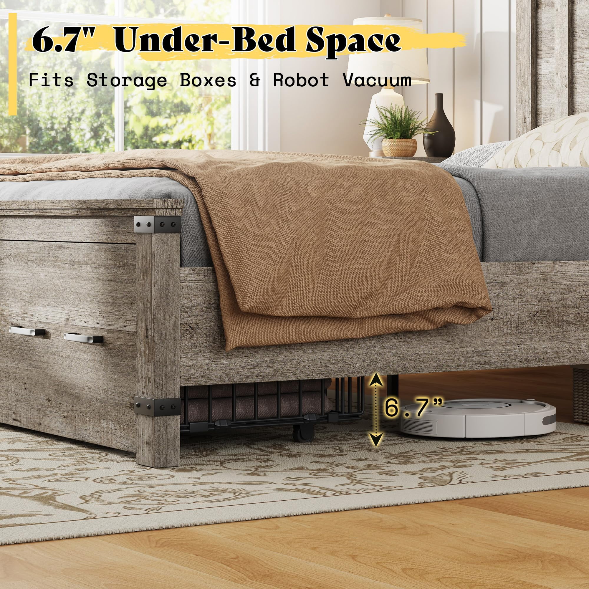 PLAUIN Farmhouse Queen Size Bed Frame, Rustic Wood Platform with Footboard & Wood Slats, Grey