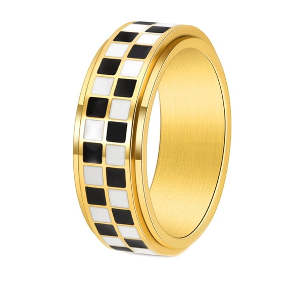 HIJONES Men's Women's Stainless Steel Checkerboard Rotatable Ring Popular Enamel Anxiety Finger Band 8MM Gold Size 6