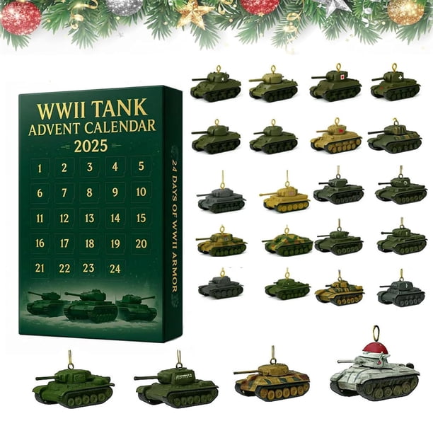 Calendario de Adviento de Tanques de la Segunda Guerra Mundial 2026 | 24 adornos detallados de tanques militares en miniatura | Objetos de colección históricos para veteranos entusiastas y