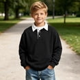 thumbnail image 2 of BLVB Boys Girls Long Sleeve Sweatshirts Kids Button Collared School Uniform Tops Drop Shoulder Pullover 3-14Y(Black,7-8 Years), 2 of 8