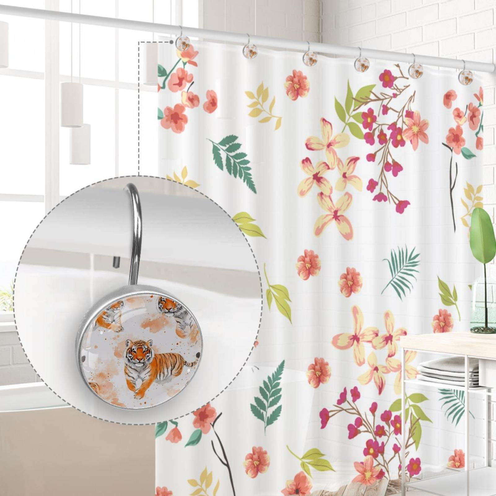Watercolor Tigers Animal Shower Curtain Hooks Round Crystal Glass, Set of 12 Shower Curtain Rings - Shower Hooks for Curtain Shower Rings