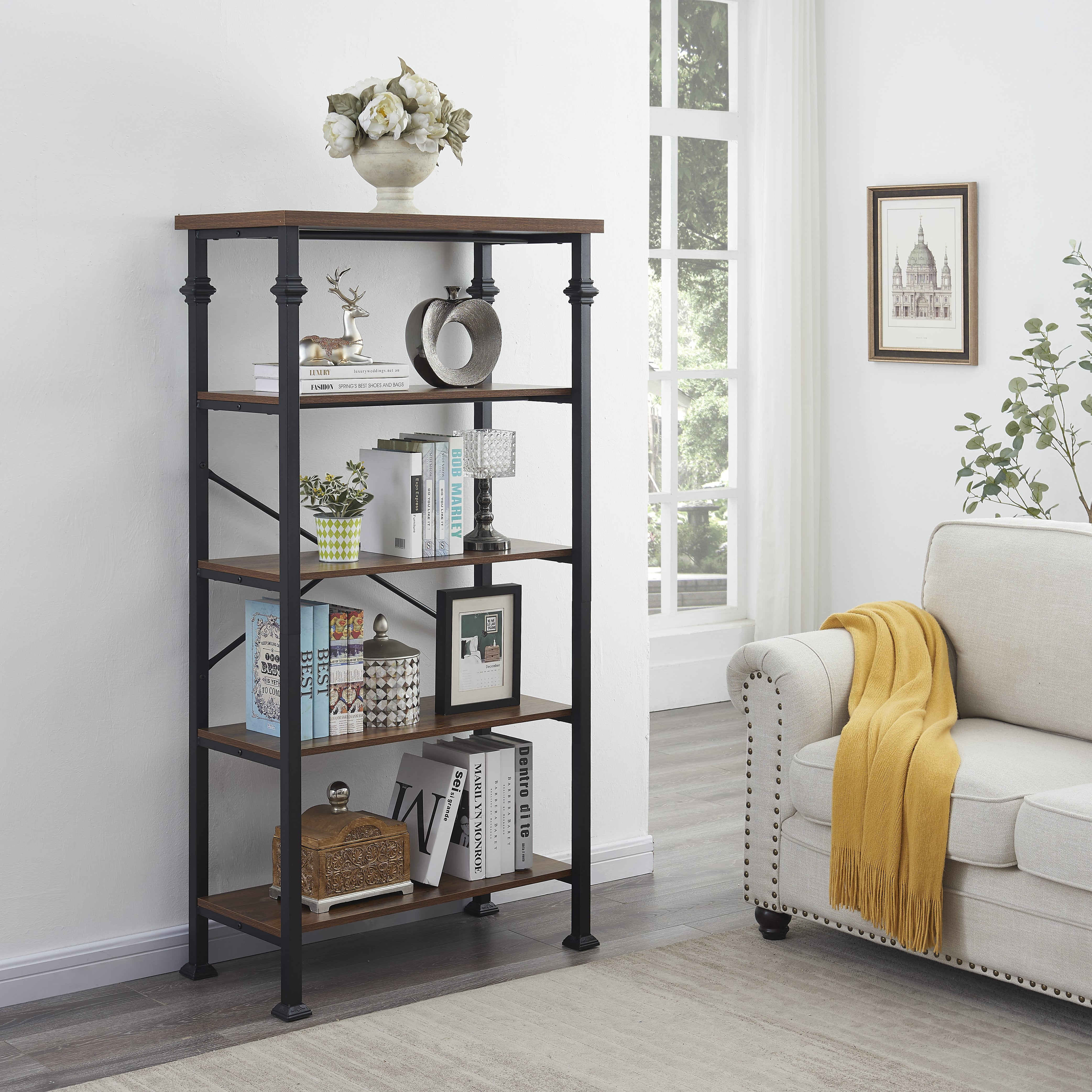 Kinwell 5 Tier Industrial Bookshelf, Room And Board Bookcases Standing Shelves