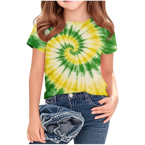 Bright Yellow Spiral Tie Dye T-Shirt for Girls Short Sleeve Soft Stretchy Crewneck Tee Kids Summer Tops Ages 3-14,Size 13-14 T