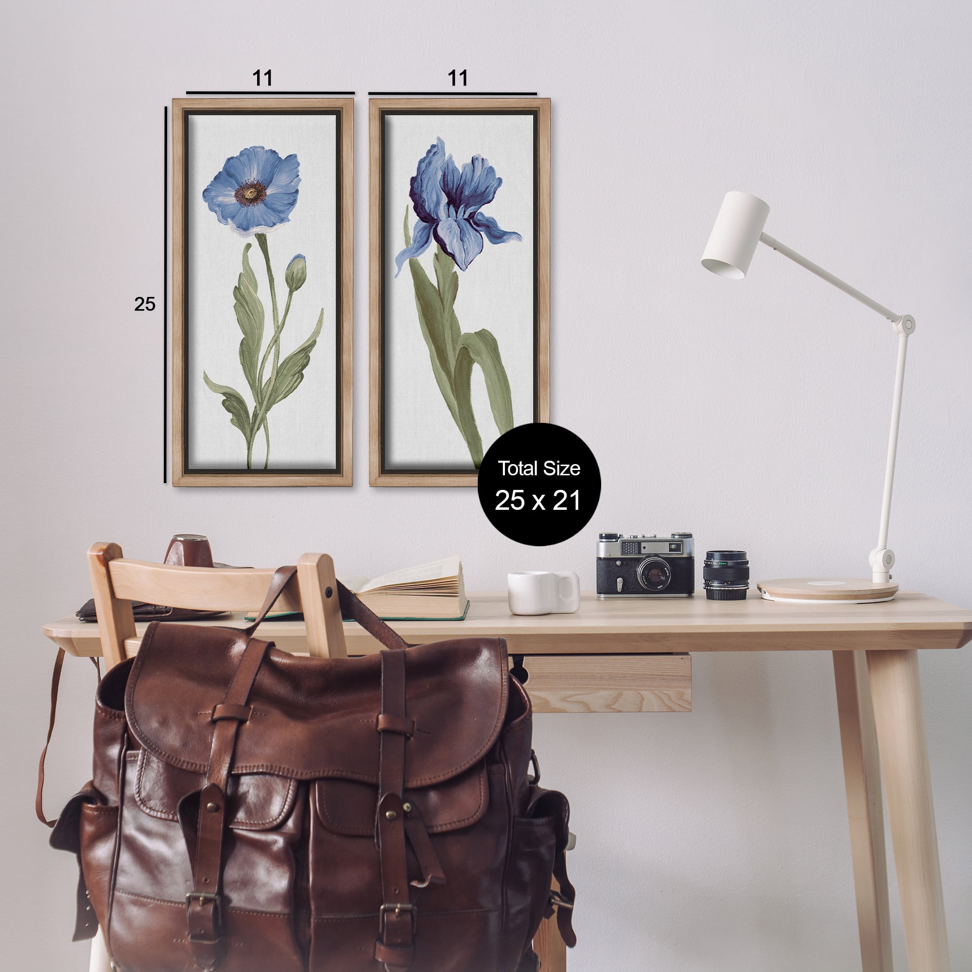Stupell Industries Blue Poppy and Iris Flowers Plants & Flowers Painting Brown Floater Framed Canvas Art Print Wall Art, 11 x 25, Set of 2
