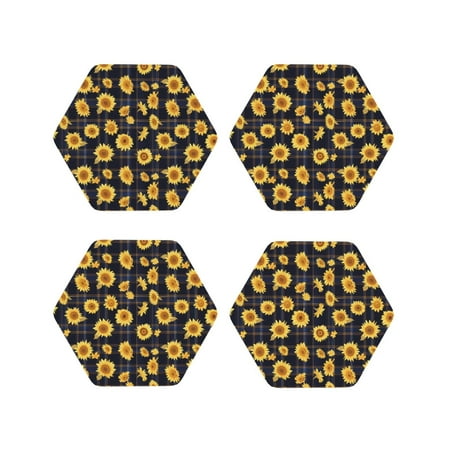 

Matuu Royal Blue Plaid Sunflower for Cup Coasters Set of 4 Leather Coasters Desk Coasters for Office Measures 4” x 4”-Hexagon