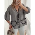 thumbnail image 2 of Women Casual Tops Basic Tie Front Tops Plaid Print 3/4 Sleeve Shirt with Pocket Vacation Clothes for Club Streetwear Peasant Clothes, 2 of 7