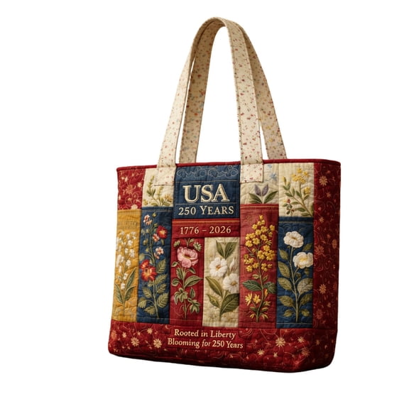 1776-2026 USA Anniversary Quilted Tote Bag, USA 1776-2026 Patriotic Floral Print Tote for 4th of July, Daily Use 12 x 13.4 Inch