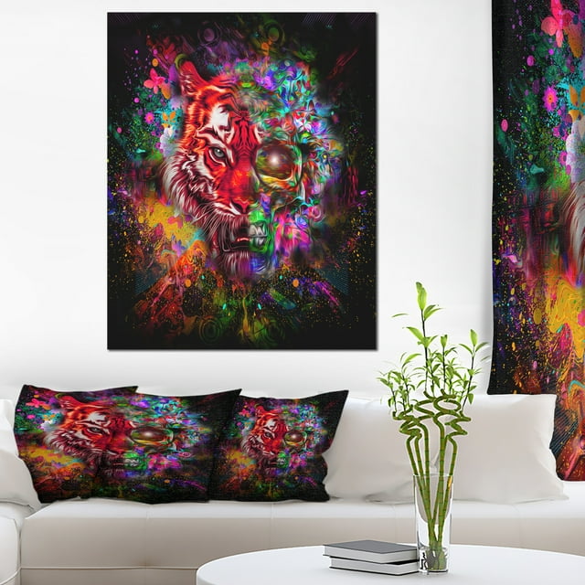 Colorful Tiger Head with Half Skull - Abstract Wall Art Canvas