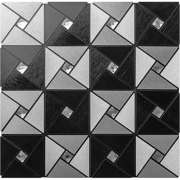 shiyou-Black & Silver Peel and Stick Backsplash Metal Tile, Mixed Glass Self-Adhesive Mosaic Tiles, Stainless Steel Stick on Wall Tiles for Kitchen and Bathroom Backspalsh, Mirror Décor, 1