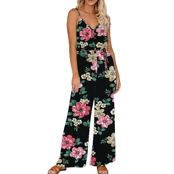 Mono sin mangas Sunloudy para mujer con estampado floral, correas ajustables, cuello en V profundo, cintura alta, ropa de verano Sunloudy S M L XL XXL