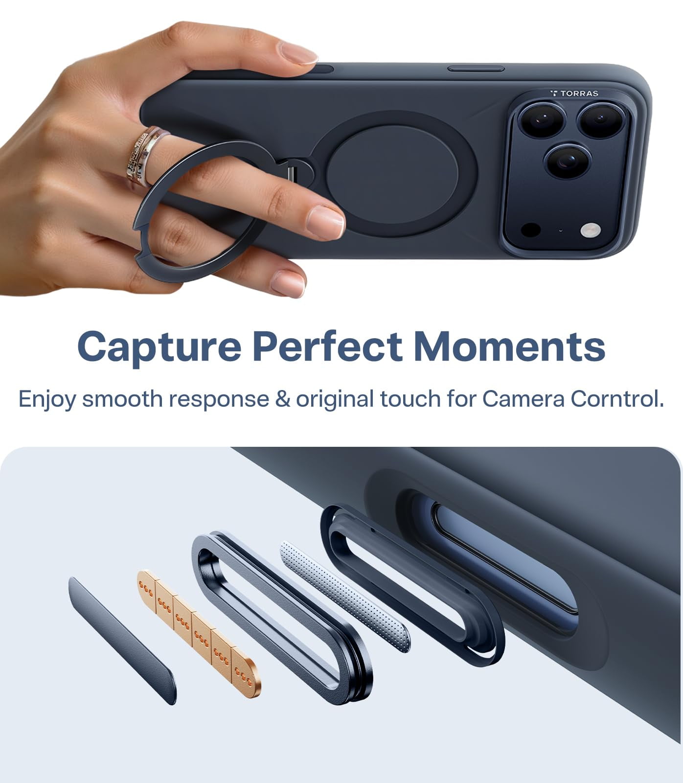 TORRAS Q3 Silicone 360 Spin for iPhone 17 Pro Case with Stand, Fit for MagSafe, Magnetic Ring Kickstand with Camera Control, Liquid Silicone Rubber Soft Phone Case for iPhone 17 Pro 6.3'', Deep Blue