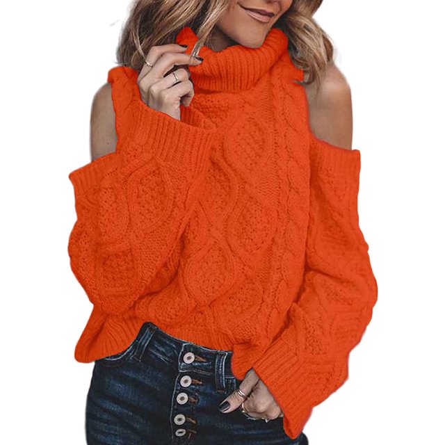 Womens Cold Shoulder Oversized Turtleneck Sweaters Long Sleeve Chunky Solid Color Knitted Pullover Outwear Coat