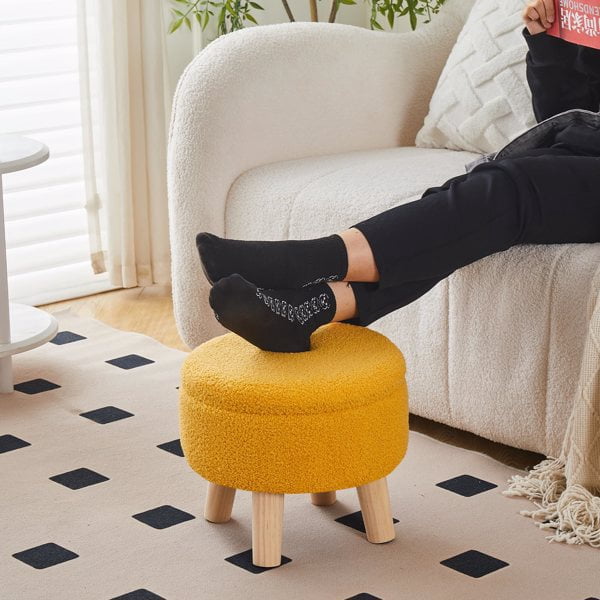Storage Ottoman, Modern Round Footrest with Soft Padded Seat, Teddy Velvet Footstool with Wood Legs, Accent Small Table or Plant Stand for Living Room (Brilliant Yellow)