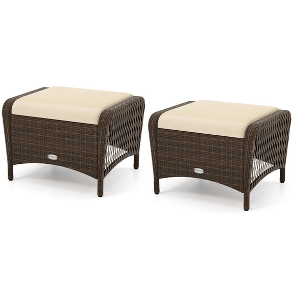 Gymax 2 Pieces Outdoor Patio PE Wicker Ottomans w/ Removable Cushions Footstools Beige