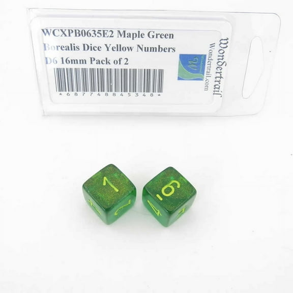Maple Green Borealis Dice with Yellow Numbers D6 Aprox 16mm (5/8in) Pack of 2 Wondertrail