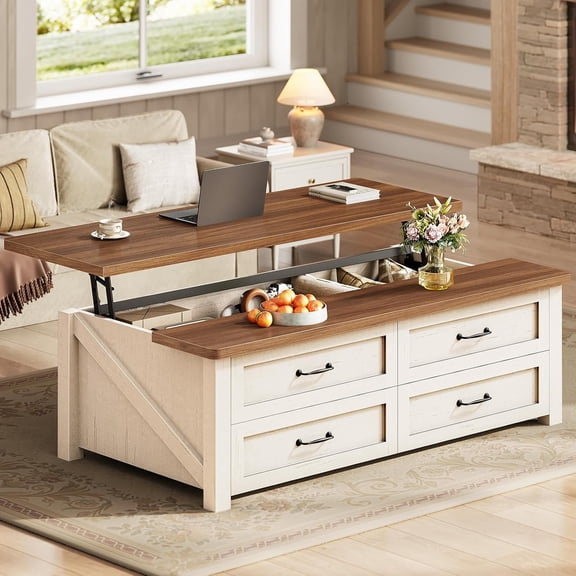 47.2" Farmhouse Lift Top Coffee Table with Storage, Wood Center Table with 4 Drawers & Large Hidden Space, Lifting Workstation & Dining Table for Living Room, White Brown