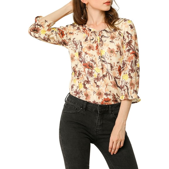 DARING DIVA Tie V Neck Boho Ruffled 3/4 Sleeve Blouse XS Beige