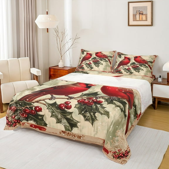 Castle Fairy Red Sparrows 3pcs Twin Sheet Sets for Teenager,Rustic Vintage Twin Fitted Sheet,Festival Xmas Breathable Flat Sheet,Microfiber Bedroom Decor