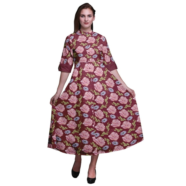 Bimba Robe Chemise à Imprimé Floral à Boutons, Col Mandarin, Manches Retroussables - Très Petit