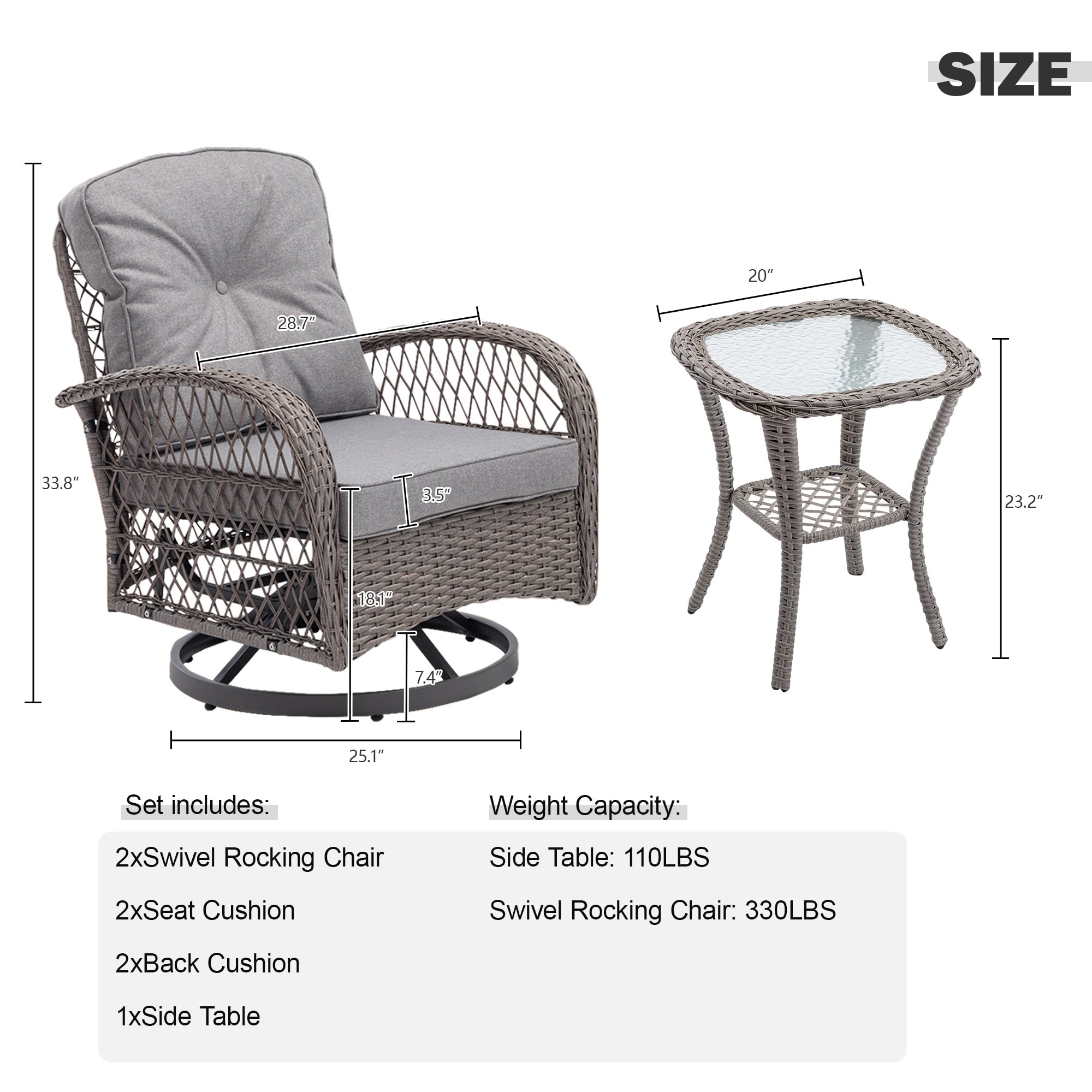 Patio Furniture Rocking Chairs Set, 3 Pieces Rattan Outdoor Furniture Cushioned, Patio Conversation Swivel Glider Rocker with Swivel Glider Rocker, Gray