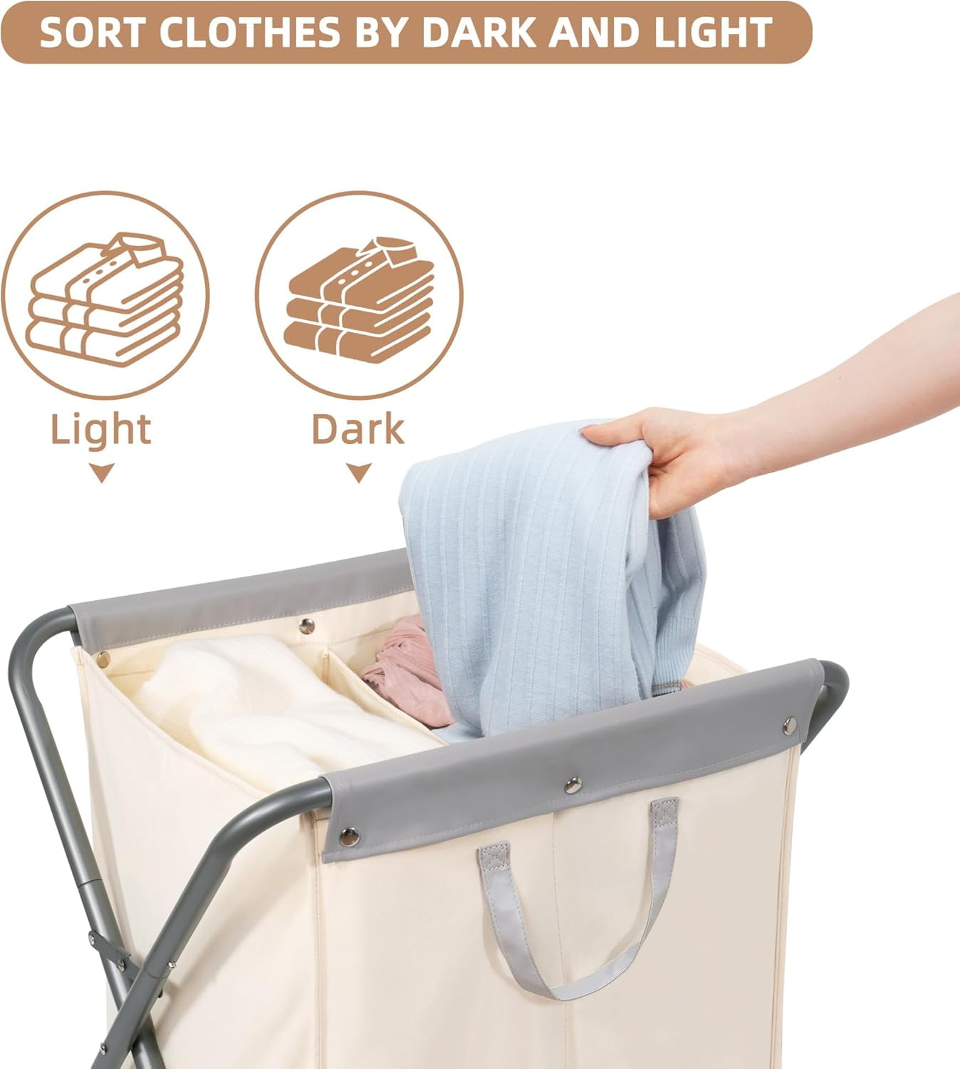 125L Collapsible Laundry Hamper with Wheels, Rolling Laundry Basket, Heavy Duty Cloth Sorter with Removable Bag, Folding X Frame Clothes Organizer Cart for Easy to Store, 2 Section