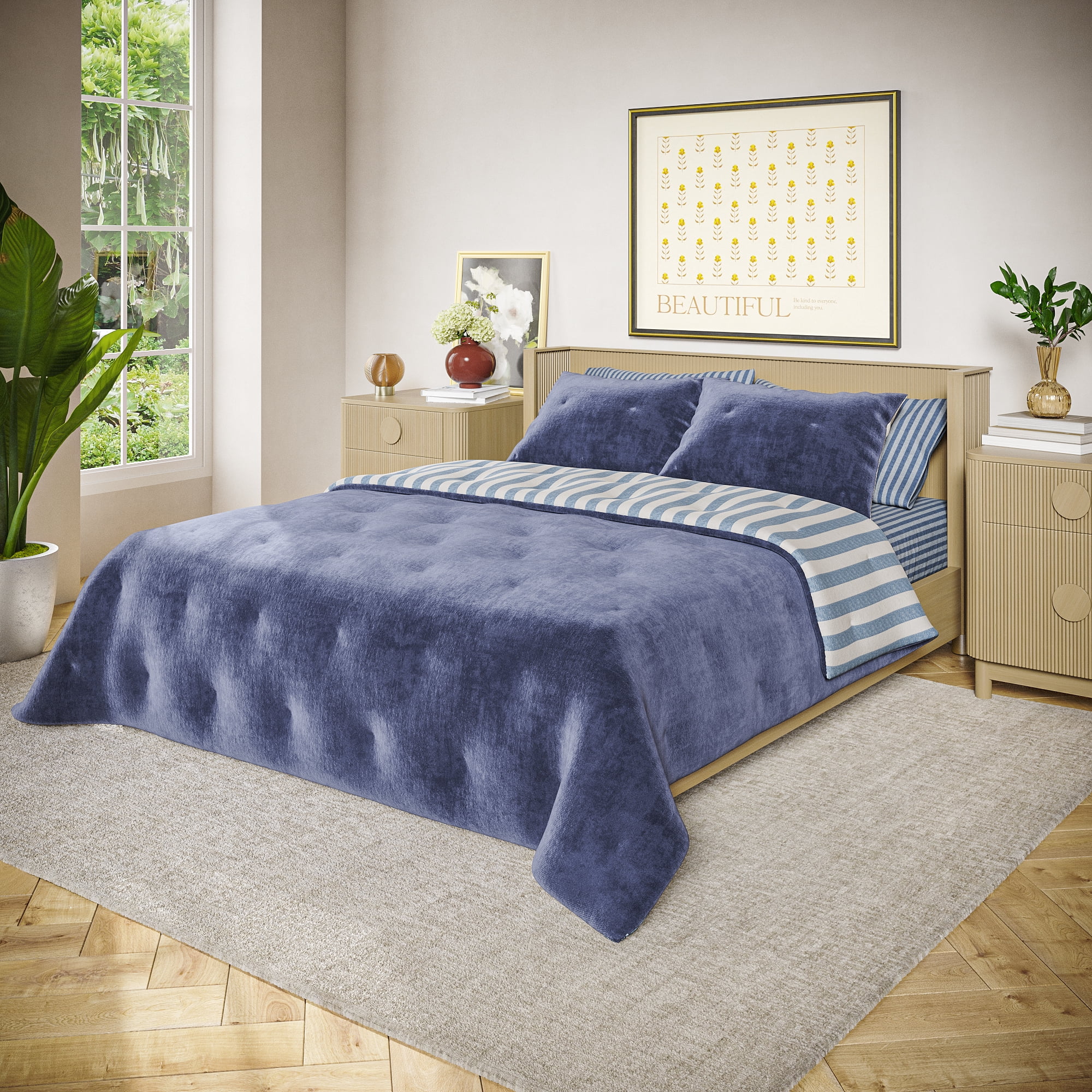 Beautiful The Bedding Collection By Drew Barrymore Striped 100% Cotton, 100% Polyester Velvet Quilts, King - Reversible