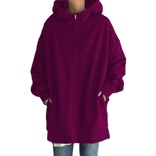 WEAIXIMIUNG Teacher Sweatshirt Plus Size Womens Solid Color Street Style Hooded Long Zipper Sweatshirt with