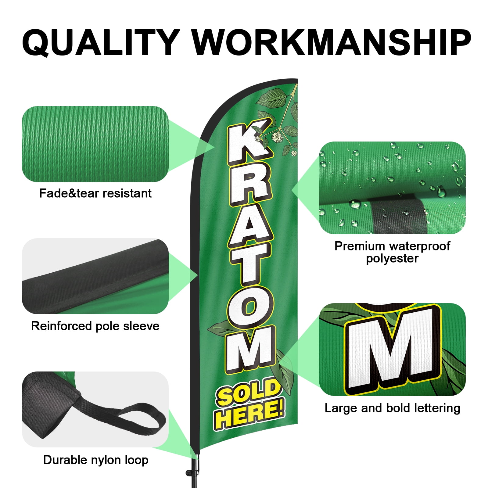 QSUM Kratom Tobacco Feather Flag with Flag Pole Kit and Ground Spike, 8.2FT Kratom Tobacco Windless Flag Banner Sign Business for Outdoor Advertising Sign Decoration Display