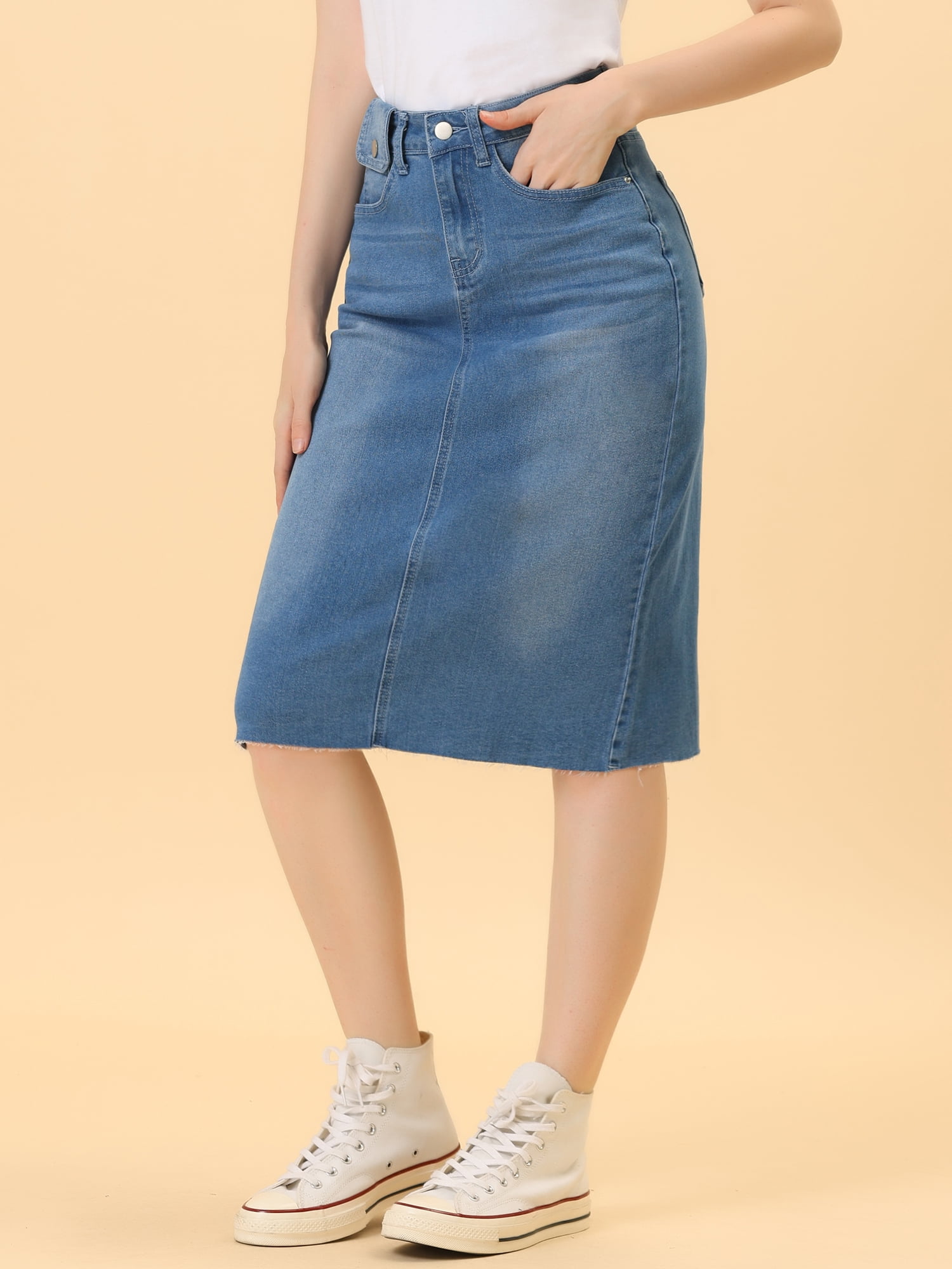 DARING DIVA Women's Jean Back Vent Midi Length Denim Skirts XS Jean Blue