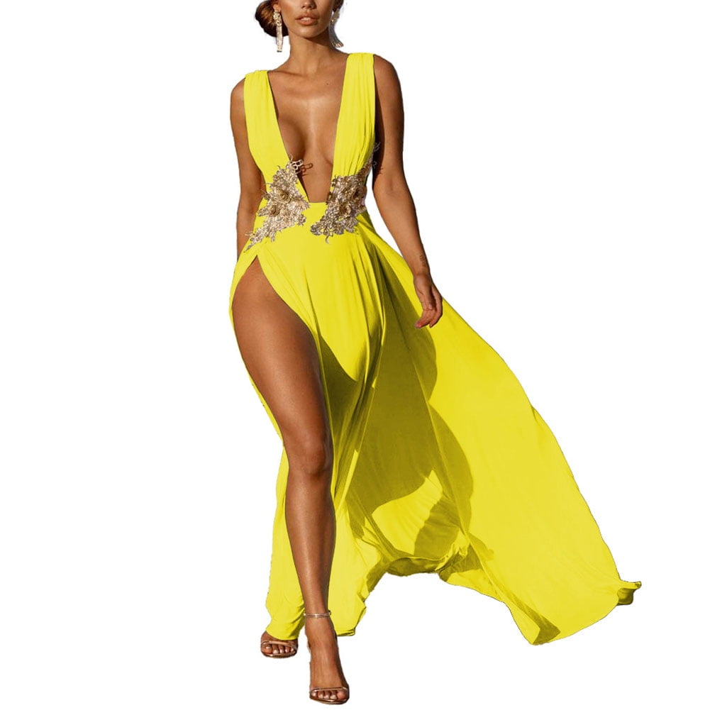 okwish High Slit Evening Dress Deep V 