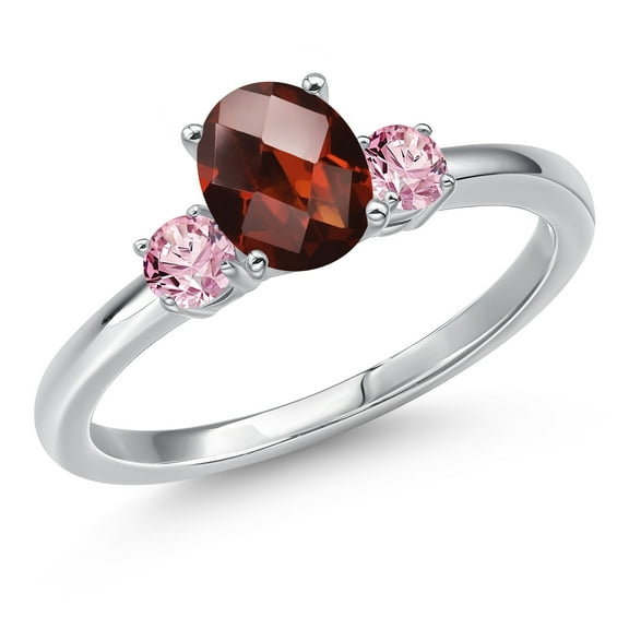 Gem Stone King 14K White Gold Red Garnet and Pink Lab Grown Diamond Engagement Ring for Women | 1.26 Cttw | Oval Checkerboard 7X5MM | Gemstone January Birthstone | Size 6