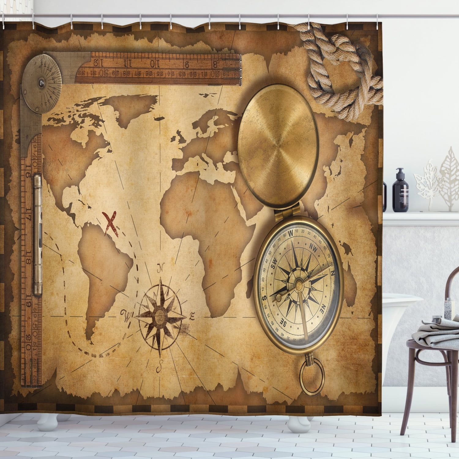 map shower curtain aged vintage treasure map ruler rope