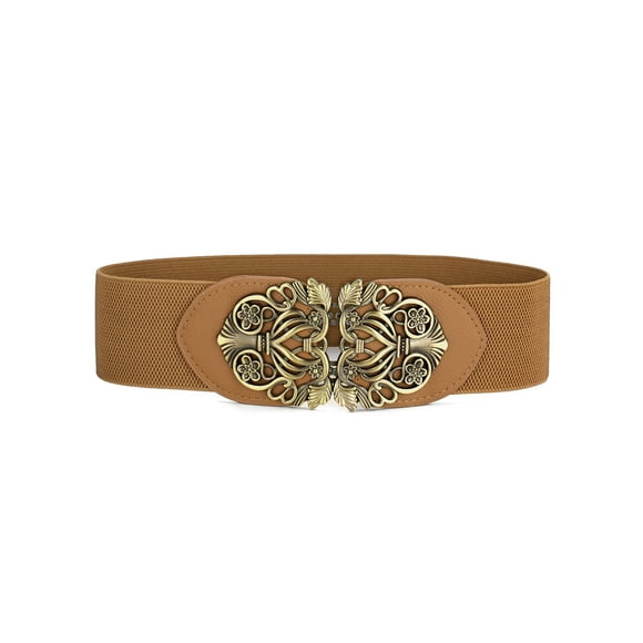 Cinturón elástico con hebilla entrelazada de metal tejido retro Inspire Chic, banda floral, banda marrón, hebilla bronce, 25"-37"
