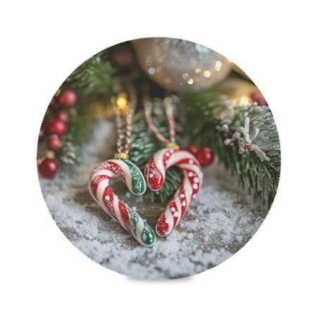 

Round Plate Mat 15.4x15.4 Inchesx6 Placemat Table Mat Kitchen Mat Coffee Mat Fabric Thick Strong Wear-Resistant Heat Resistance Christmas Candy Canes Picture