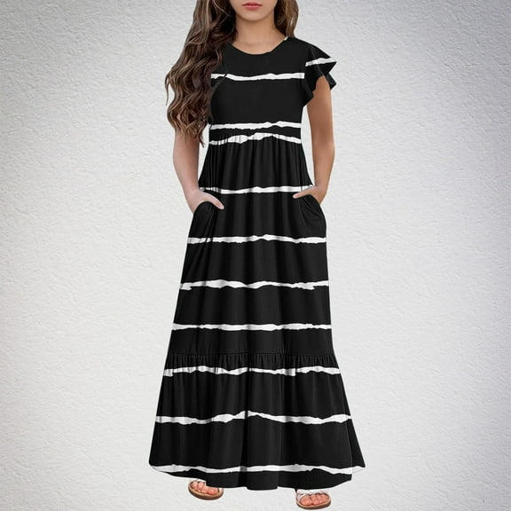 Juslio Dresses for Girls Black Round Neck Kids Flower Clothing Short Sleeve Print Girl Dress