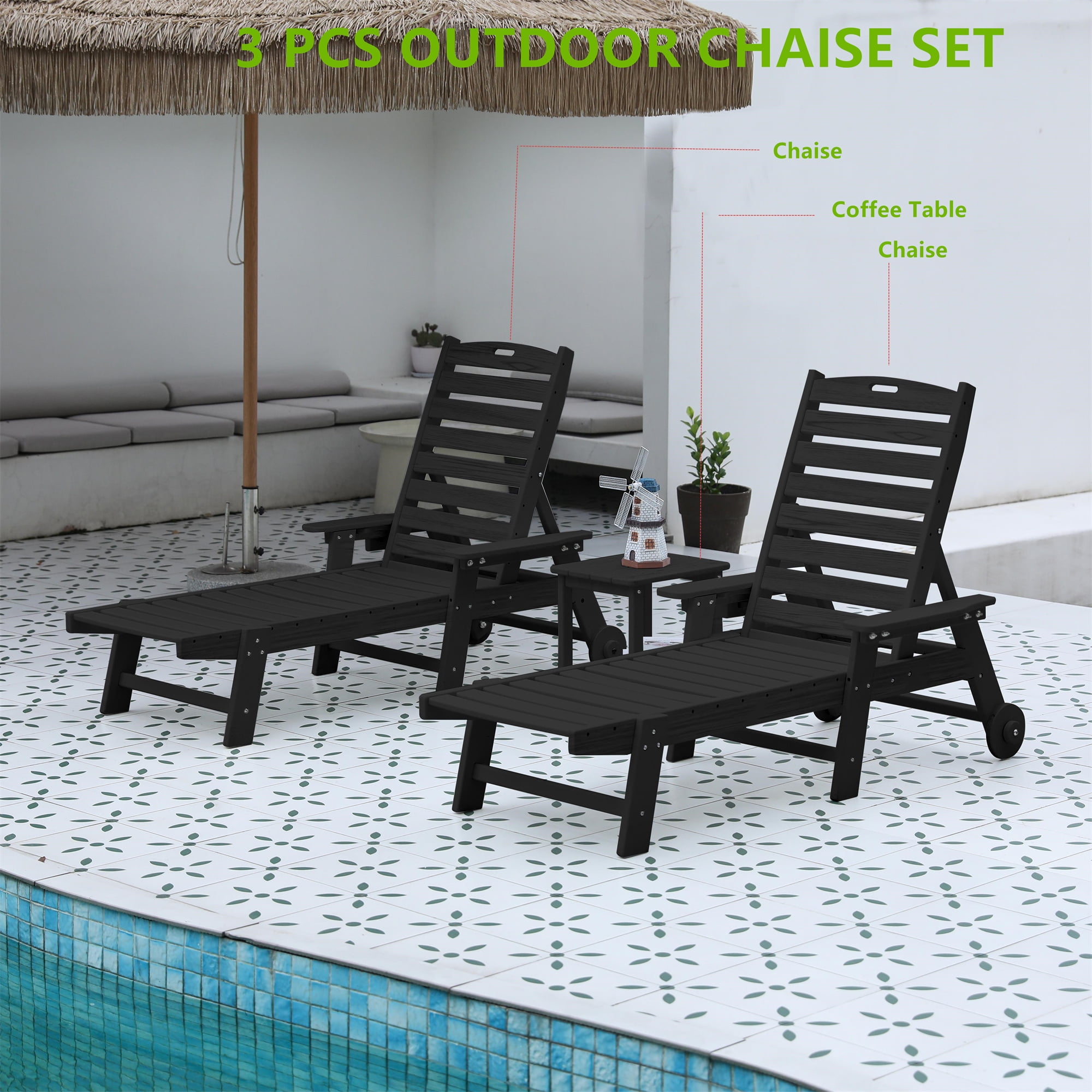 Aukfa 3 Pcs Outdoor Patio Chaise Lounge w/ Coffee Table&Cup Holder, Adjustable Backrest, HDPE, Black